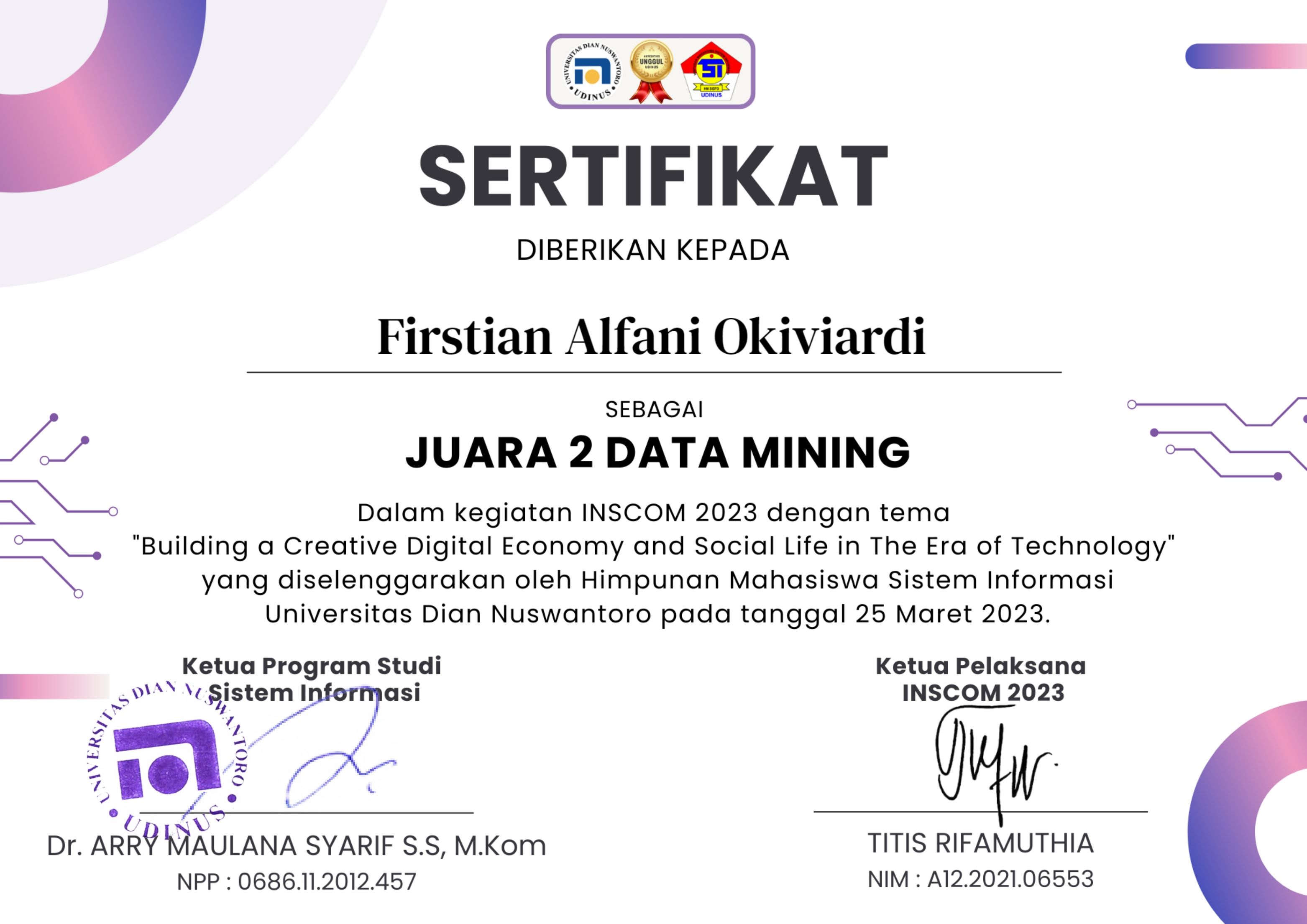Sertifikat Juara 2 Data Mining